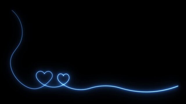 Valentine animated neon blue line tracing from top left to bottom corner hearts in 4k on black background