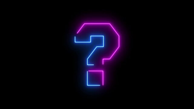 Neon question mark animated colorful glowing symbols flickering and popping for quiz help in 4K black background.