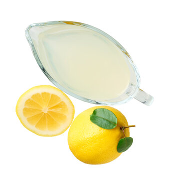 Fresh lemons fruit and of lemon juice isolated on white background, top view. freshly squeezed lemon juice, top view.