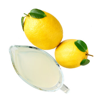 Ripe lemons fruit and lemon juice isolated on white background, top view. freshly squeezed lemon juice, top view.