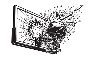 Black and white illustration of a basketball shattering a glass backboard during a powerful slam dunk © MATMORJINABEGUM