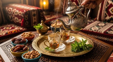 Fototapeta premium Hand pouring hot tea from a silver teapot into a glass cup. Traditional setting with snacks and patterned cushions.