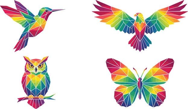 Colorful Low Poly Bird and Butterfly Geometric Icon Set Featuring Hummingbird Owl Eagle and Insect Origami Vector Graphic Illustration