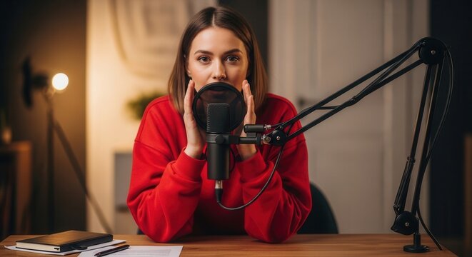 Young woman speaking into a microphone wearing a red sweater. Home studio setup for recording audio content.