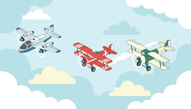 Three colorful vintage biplanes flying in tight formation through fluffy white clouds under a clear summer blue sky.