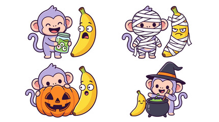 Fototapeta premium Set of funny monkey and banana characters in various halloween costumes and activities