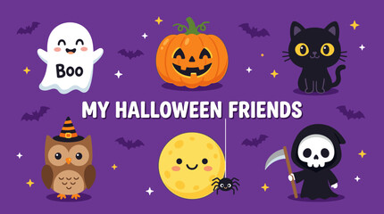 Obraz premium Halloween friends characters with ghost, pumpkin, black cat, owl, moon, and grim reaper