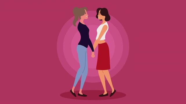 Two women holding hands in romantic pose with pink circular background motion animation.