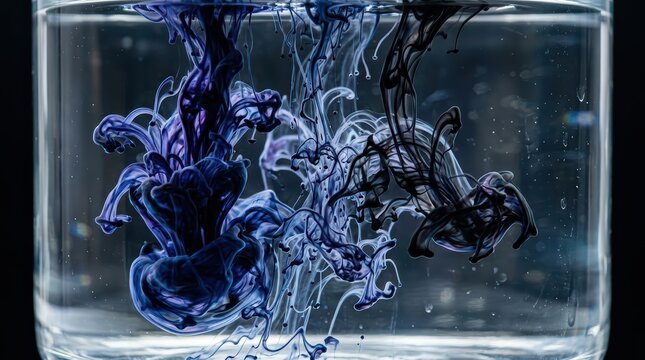 Abstract macro photography of dark blue ink swirling and diffusing in clear water against a black background