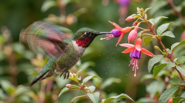 A male anna hummingbird hovering in midair while feeding on a vibrant pink fuchsia flower in a garden