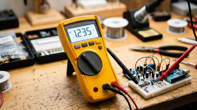 Digital Multimeter Measuring Electronic Components on Workbench