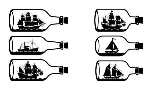 70 Nautical Voyages in Bottles, Set of 6 Vector Icons: Sailing Ships, Maritime Adventure, Sea Travel, Vintage Vessels, Nautical Symbols, Marine Exploration 100