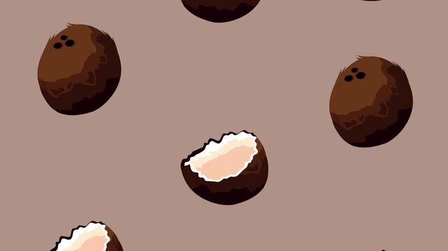 Coconut falling animation with hand drawn fruits on brown background for tropical summer concepts.