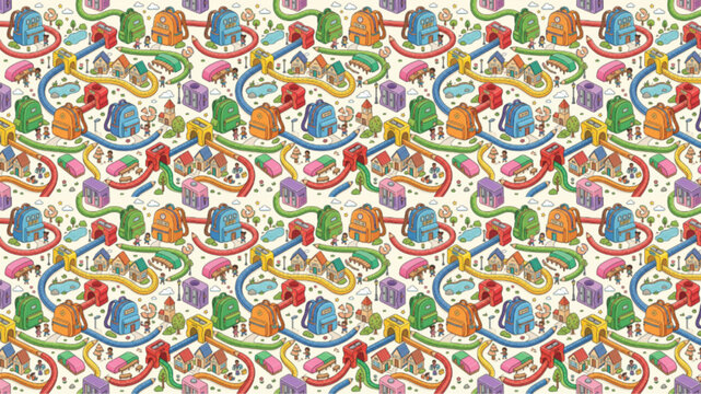 Seamless isometric pattern of colorful school backpacks and winding paths with miniature houses. Playful educational background with bright lighting and vibrant colors. AI generated.