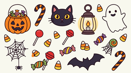 Fototapeta premium Collection of halloween elements and candy for festive autumn designs and decorations