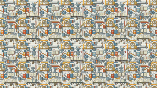 Seamless industrial factory pattern with mechanical gears, pipes, and automated machinery. Flat vector illustration of complex technical systems in muted orange and blue tones.