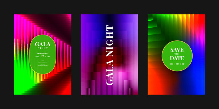 Luxury gala night invitation card collection with colorful geometric gradient tunnel pattern and elegant modern event poster design for VIP party, wedding and celebration