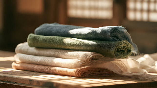 Neatly stacked natural dyed Korean raw silk fabric rolls in sunlit traditional hanok interior