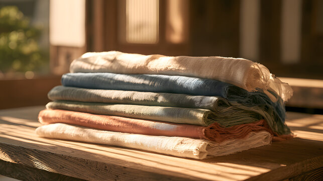 Neatly stacked natural dyed Korean raw silk fabric rolls in sunlit traditional hanok interior