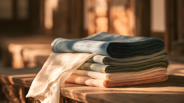 Neatly stacked natural dyed Korean raw silk fabric rolls in sunlit traditional hanok interior