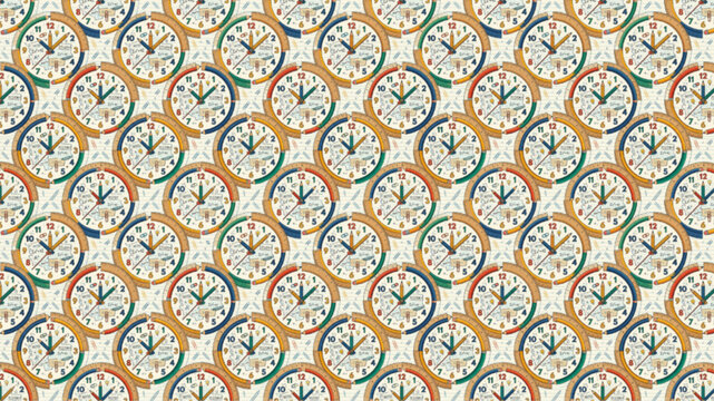 Seamless pattern of colorful analog clocks on cream background. Illustrative design for time management and deadline concepts. AI Generated.