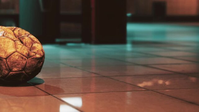 A soccer ball sits on a shiny tiled floor in an indoor area. The scene shows dim lighting and reflections. It seems to have been left behind after a game or practice.