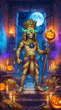Egyptian pharaoh mummy holding pumpkin scepter in ancient tomb