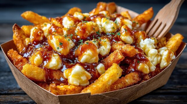 Traditional Canadian poutine with crispy french fries, cheese curds, and savory gravy in a paper container with a wooden fork