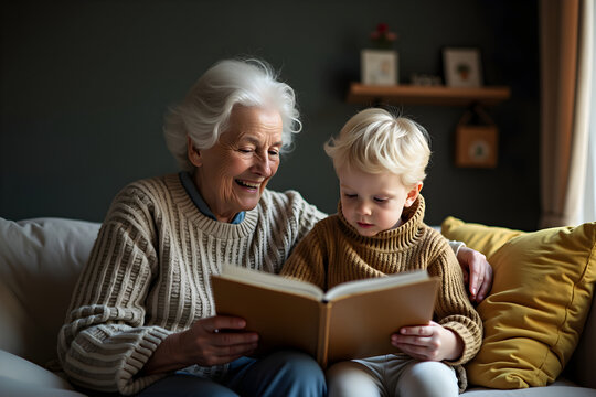 Abuela y nieto comparten un momento de lectura en el sof&aacute;