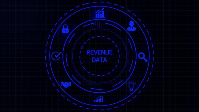 Glowing cyan digital HUD interface with REVENUE DATA text at its center surrounded by financial and data visualization on a dark grid background.4K animation motion graphic Video.