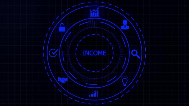 Futuristic digital display with a cyan circular HUD showing INCOME in the center, surrounded by financial and data visualization on a dark grid background.4K animation motion graphic Video.