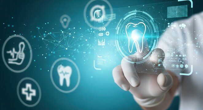 Hand in glove touching virtual dental icon on futuristic interface. Digital health and medical technology concept.