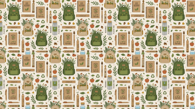 Seamless eco-friendly school supplies pattern featuring green backpacks, recycled notebooks, and wooden pencils. Sustainable education theme with earthy tones and flat illustration style.