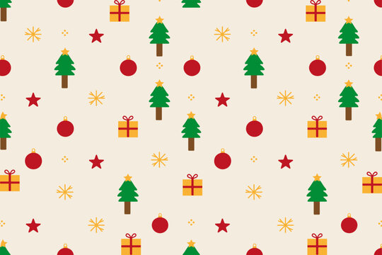 Modern Christmas Seamless Pattern with Pine Trees and Ornaments. Festive Christmas Pattern Seamless Vector with Baubles and Presents. Minimalist Holiday Seamless Pattern with Christmas Trees and Stars