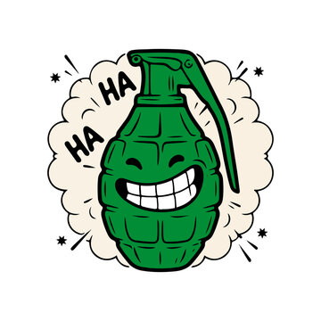 Funny Green Hand Grenade Vector Character Laughing Loudly. Smiling Explosive Grenade Mascot With Evil Laugh Cartoon Vector. Green Military Grenade Character Laughing With Ha Ha Text. 