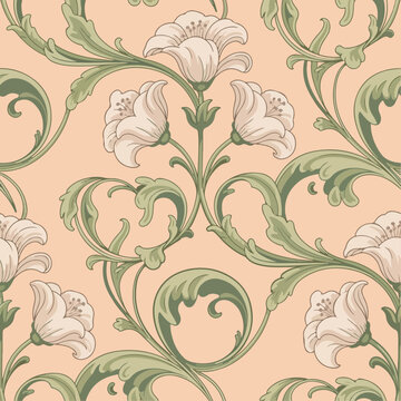 Floral Vintage Damask Seamless Pattern with Lily Flowers and Green Scrolls on Peach Background - Vector Illustration. Antique Baroque Wallpaper Design with Lily Blossoms and Acanthus Leaf Scrolls. 