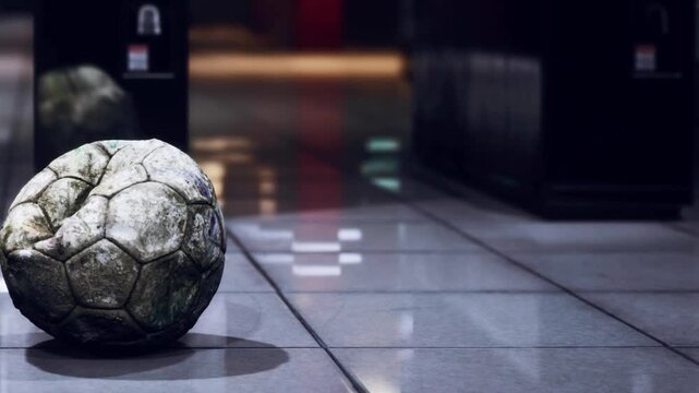 A worn soccer ball sits alone on a tiled floor in a dimly lit area. Shadows surround it, suggesting an empty space. The ball shows signs of use and neglect.