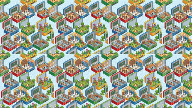 Seamless isometric pattern of colorful lunchboxes revealing miniature school classrooms and playgrounds, bright lighting, playful mood, AI generated.