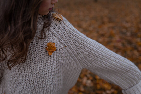 Young girl in cozy knitted sweater with autumn leaves on her shoulder, standing in park during fall season. Atmospheric mood of autumn, comfort, beauty of nature&rsquo;s changing seasons.