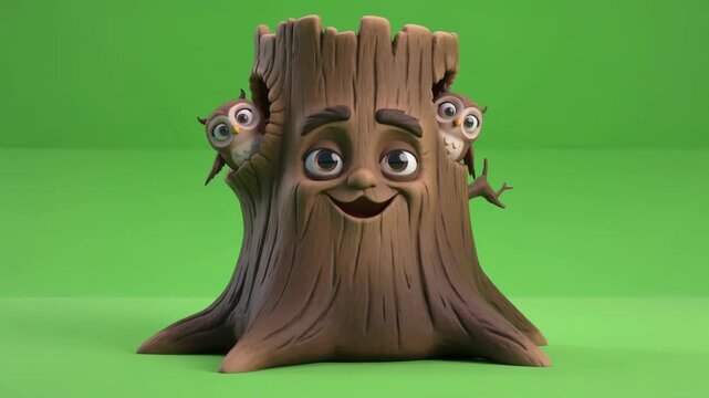 Whimsical 3D cartoon tree stump character with an expressive face and two cute owls blinking, nodding playfully on a  green screen