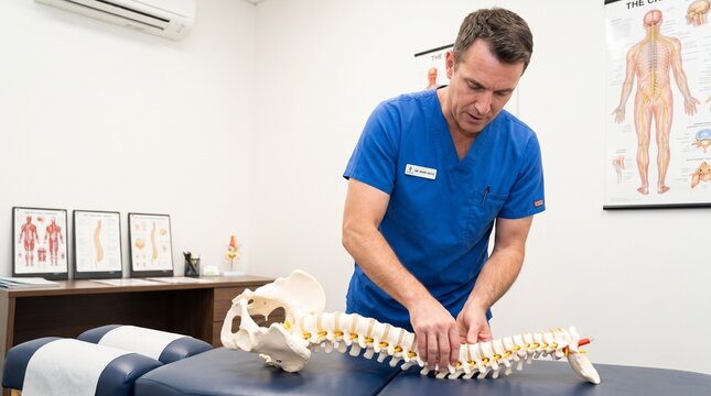 A male chiropractor in blue scrubs examines a human spine model on a clinical table with treatment table inside inside medical office chiropractor wearing physiotherapy with demonstration