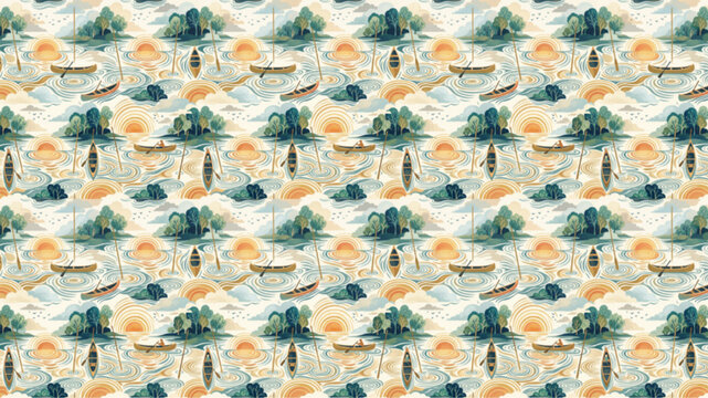 Seamless vintage coastal landscape pattern with wooden boats, islands, and sun. Soft watercolor aesthetic in teal and orange tones. AI Generated.