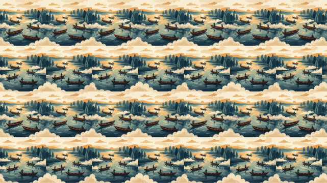 Seamless pixel art pattern of fishing boats on calm sea near forested islands at sunset. Vintage aesthetic with warm lighting and nostalgic mood. AI Generated.