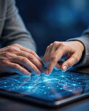 Hands Analyzing Glowing Data Network on Digital Tablet