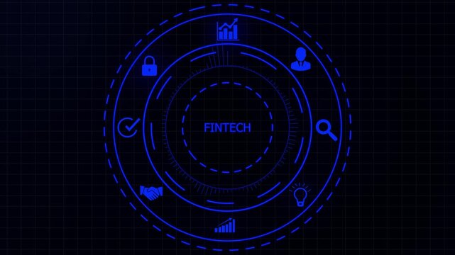 Digital fintech interface with glowing blue and circular HUD representing financial technology concepts on a dark grid background.4K animation motion graphic Video.