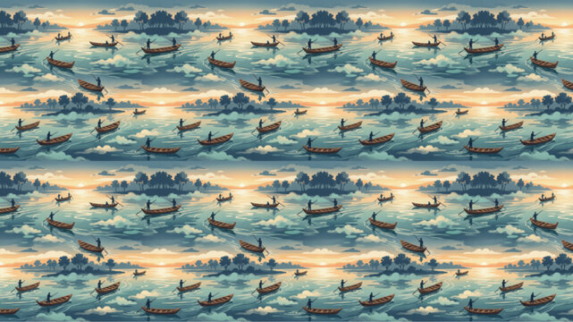 Seamless pattern of wooden rowboats and fishermen on calm water at sunset. Serene maritime illustration with clouds and soft lighting. AI Generated.