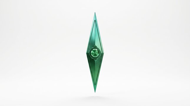 Abstracted emerald green crystal gemstone shape floating in white void, featuring metallic texture and central circular lens element, futuristic sci-fi artifact symbol