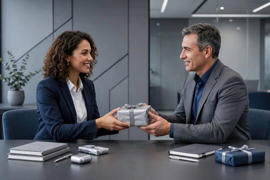 Professional Business Discussion and Gift Exchange in Modern Office