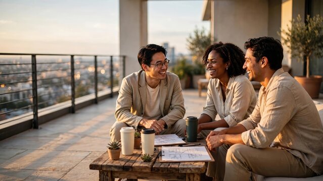 Three Friends Collaborating on Terrace Overlooking City View