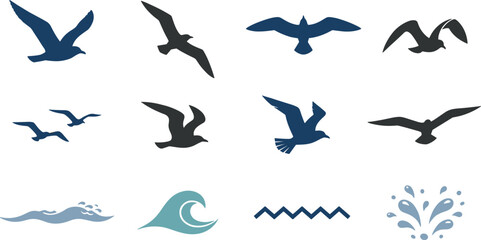 Fototapeta premium Flying seagull silhouette and ocean wave vector element set featuring marine sea birds in flight water splashes and nautical abstract geometric design icons.